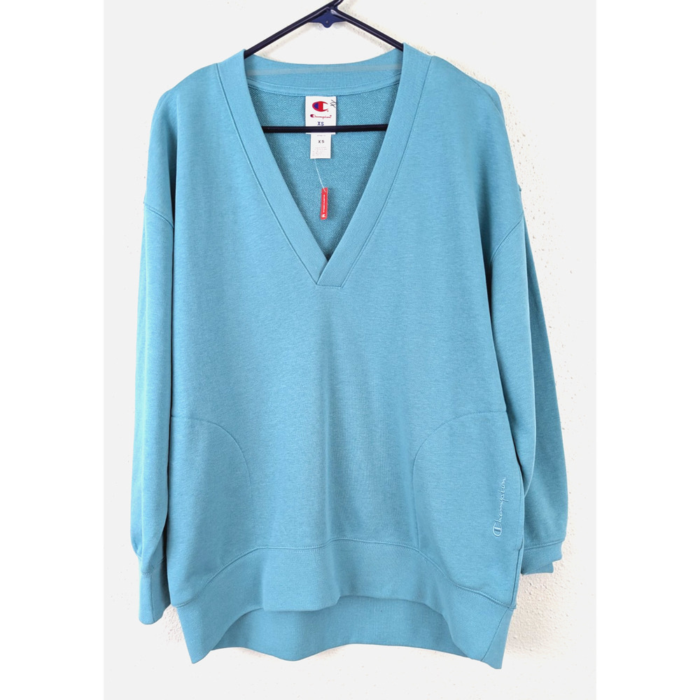 New Champion sz XS Loose Fit Tunic Sweatshirt pockets teal french terry 0328